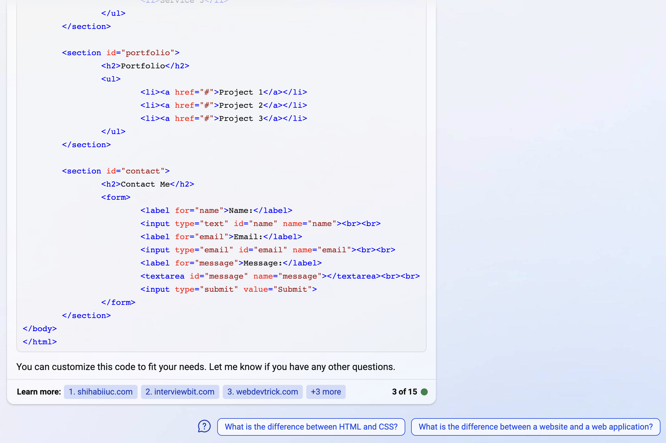 bing one page website code html
