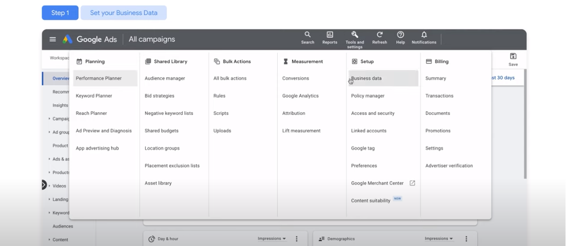 Select hotel properties in the Business Data section of Google Ads.