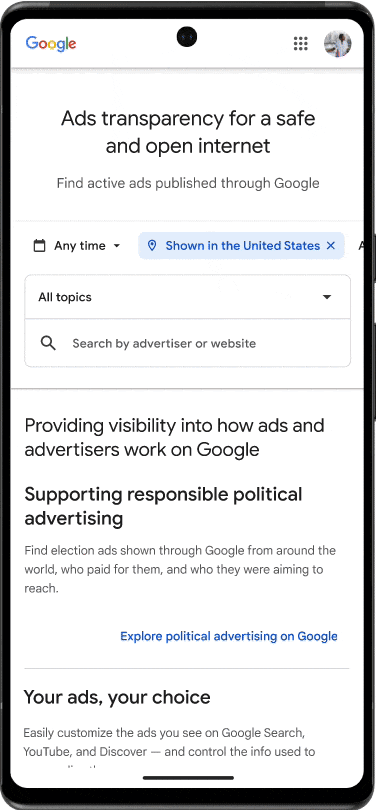 مرکز شفافیت تبلیغات گوگل در موبایل