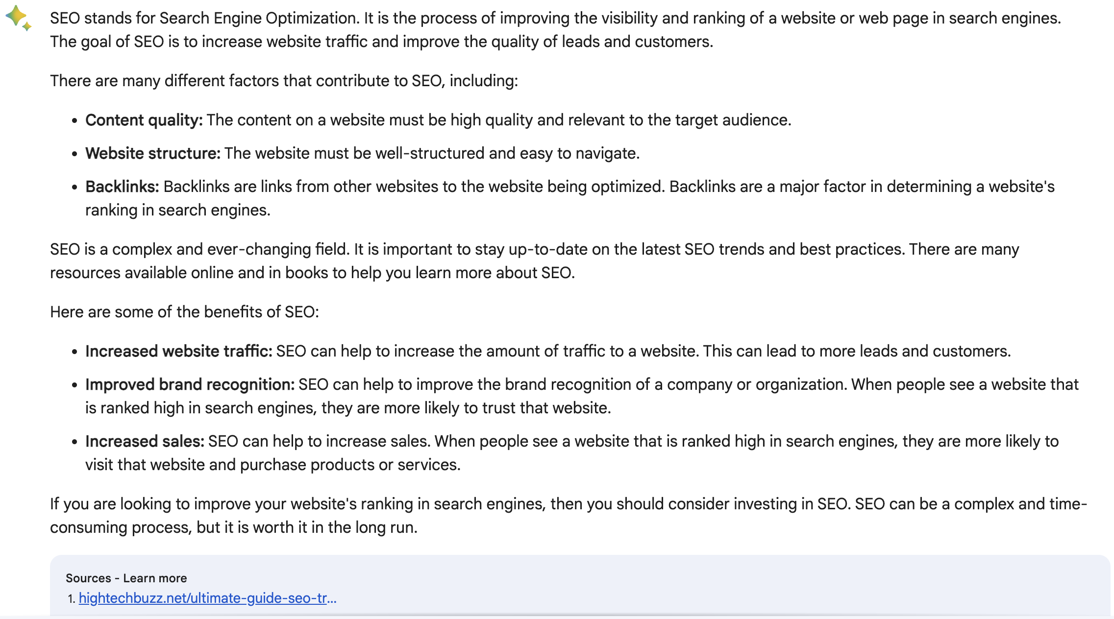 google bard what is seo 2 641cf789668da sej - ChatGPT, Bing, Bard, Or Claude: Generative AI Chatbot Comparison