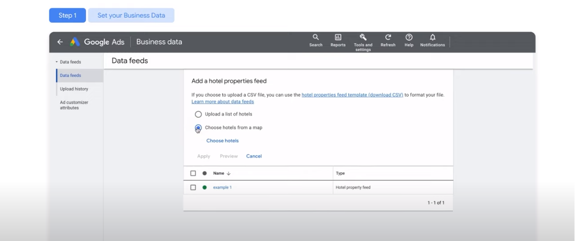 Select from two methods of choosing hotel properties in Google Ads.