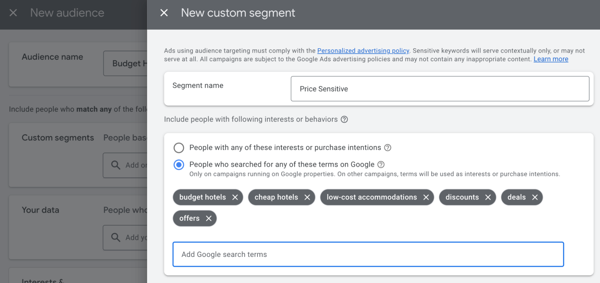 Nuevo segmento personalizado: Google Ads