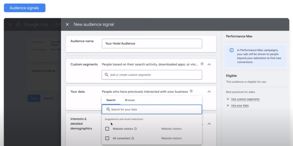 Cree señales de audiencia significativas para las campañas de Performance Max.