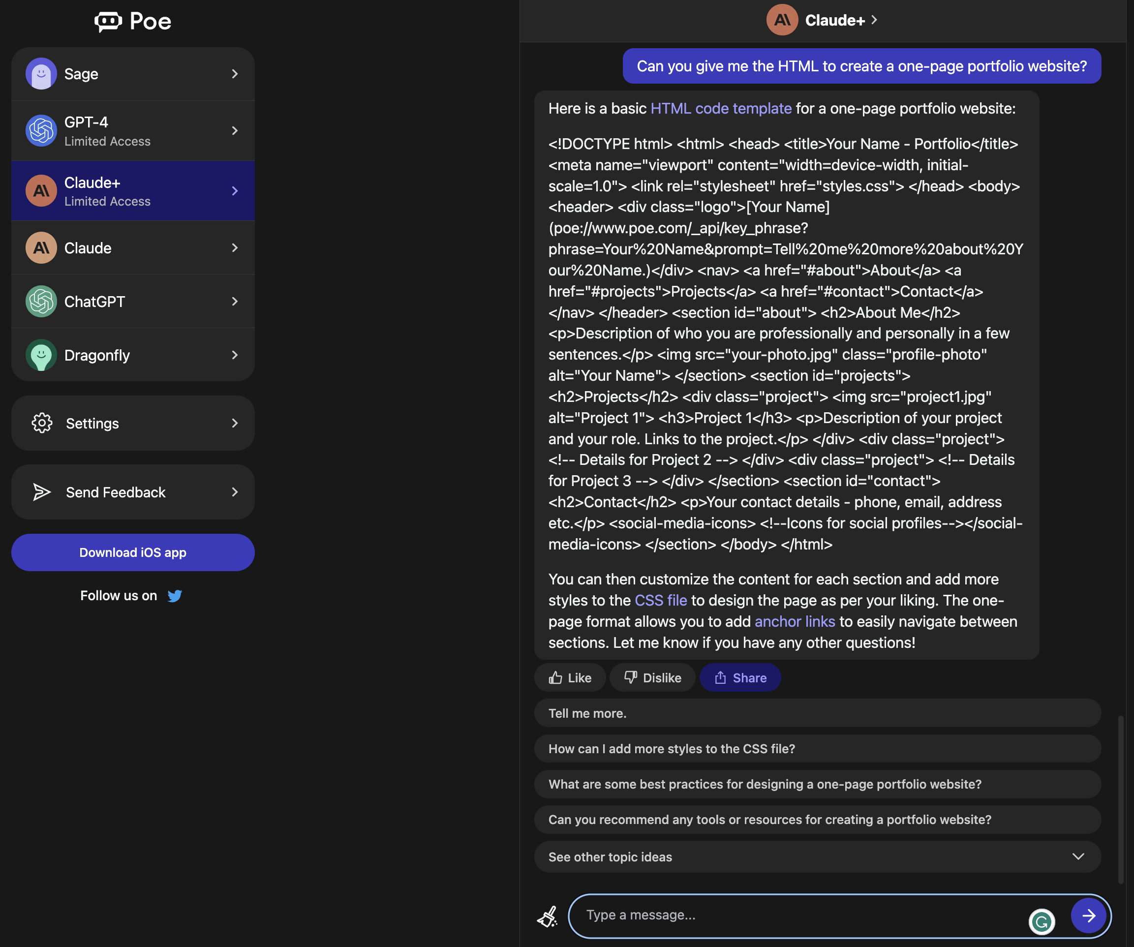 poe claude ai chatbot html css one page website code 6423192068adc sej - ChatGPT, Bing, Bard, Or Claude: Generative AI Chatbot Comparison