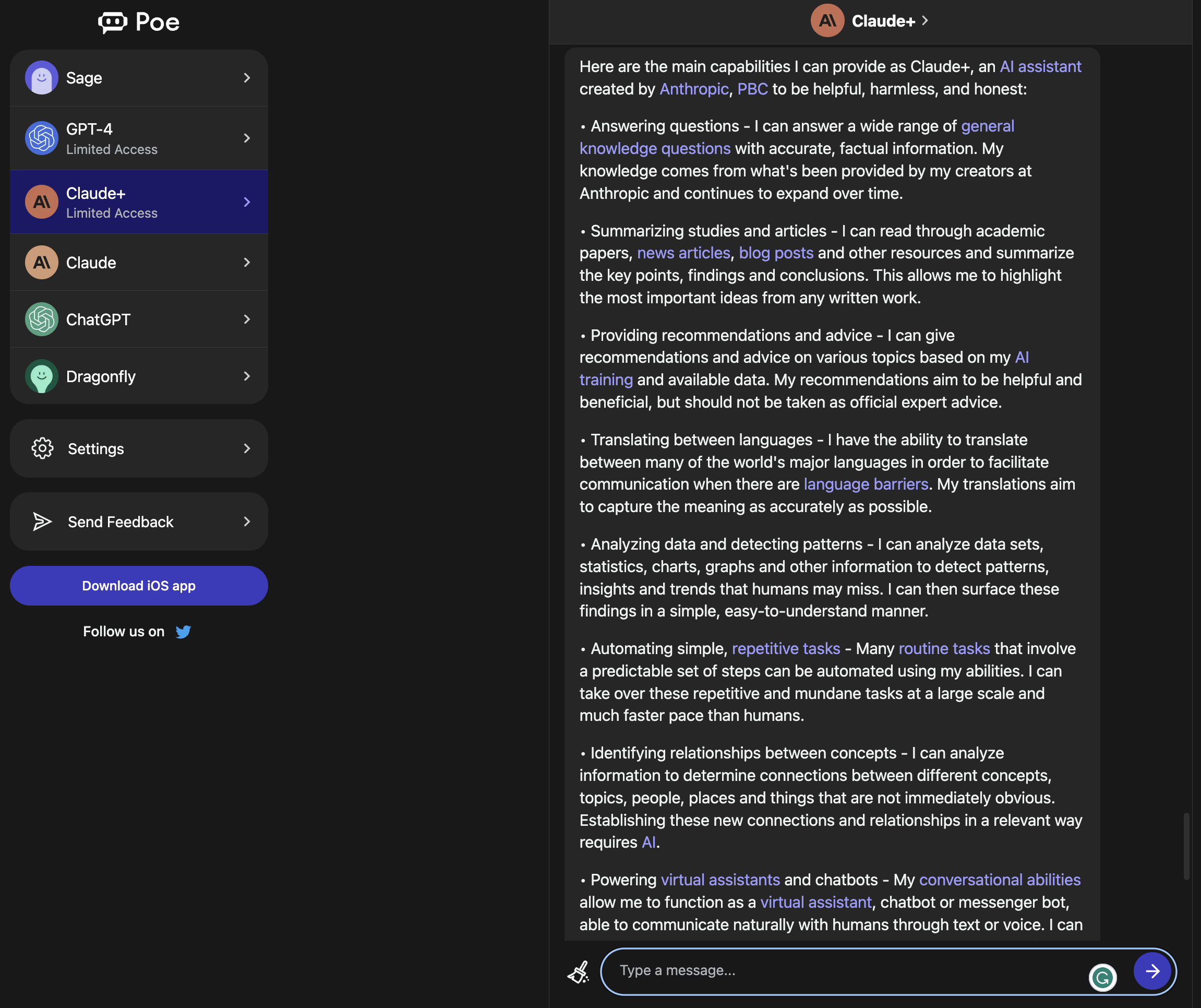 poe claude main capabilities 1 6423228a8b7b1 sej - ChatGPT, Bing, Bard, Or Claude: Generative AI Chatbot Comparison