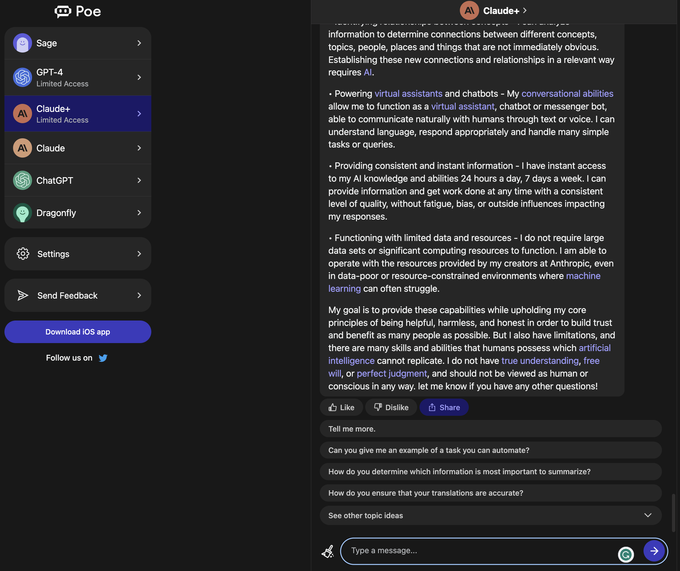 poe claude main capabilities 2 642322b13a32e sej - ChatGPT, Bing, Bard, Or Claude: Generative AI Chatbot Comparison