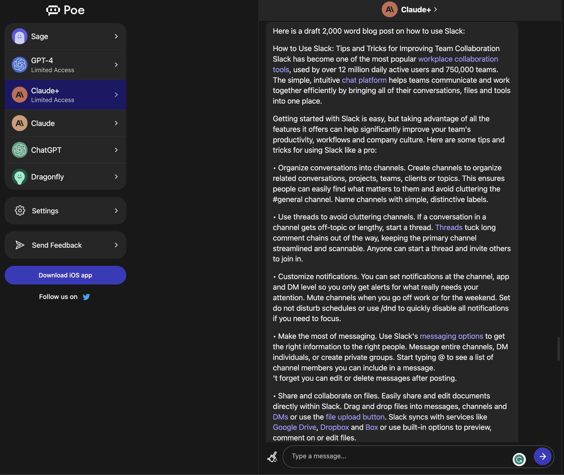 poe claude writes 2000 word blog post 642321f383981 sej - ChatGPT, Bing, Bard, Or Claude: Generative AI Chatbot Comparison