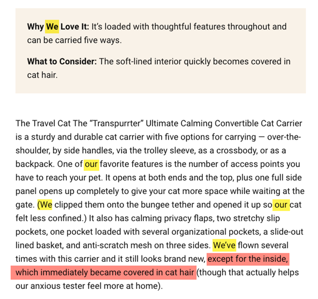 Product reviewing content showing word choice that indicates firsthand product experience along with sentence structure that indicates the same.