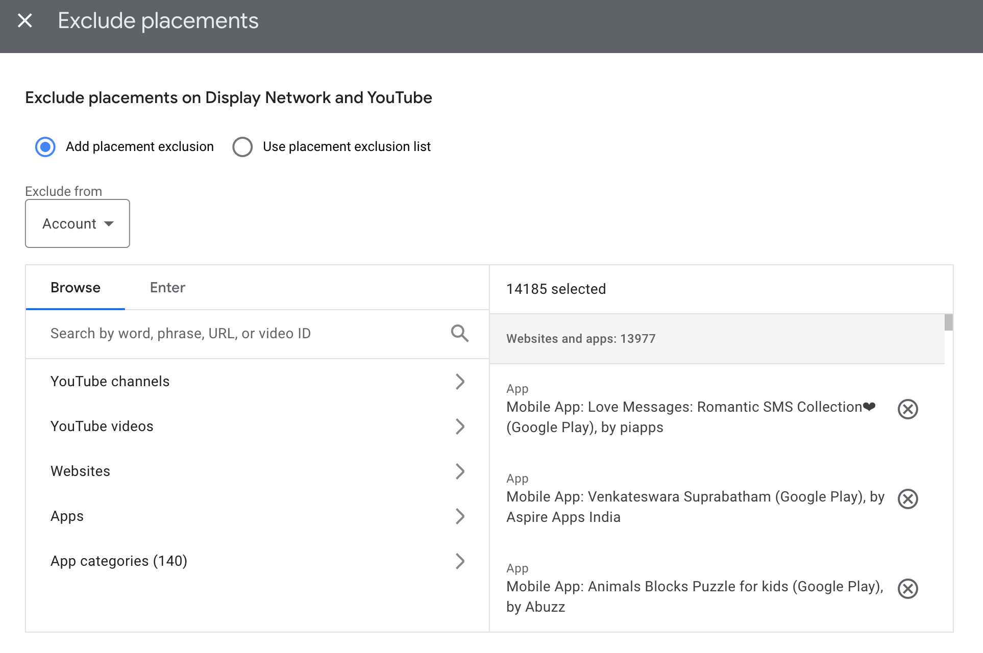 The Google Ads interface for excluding account level placements