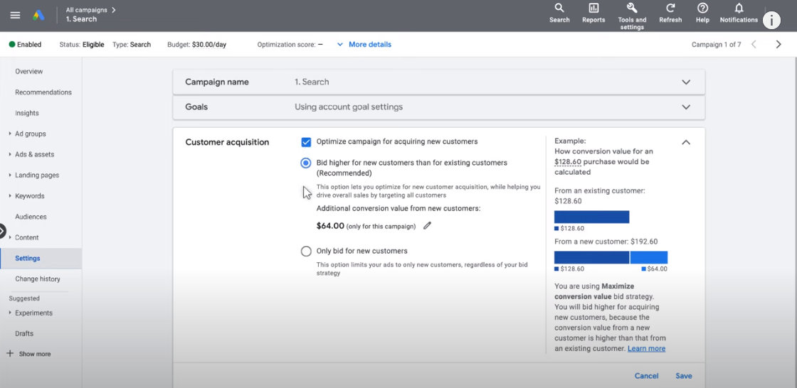 Configure el tipo de objetivo de adquisición de clientes en las campañas existentes.