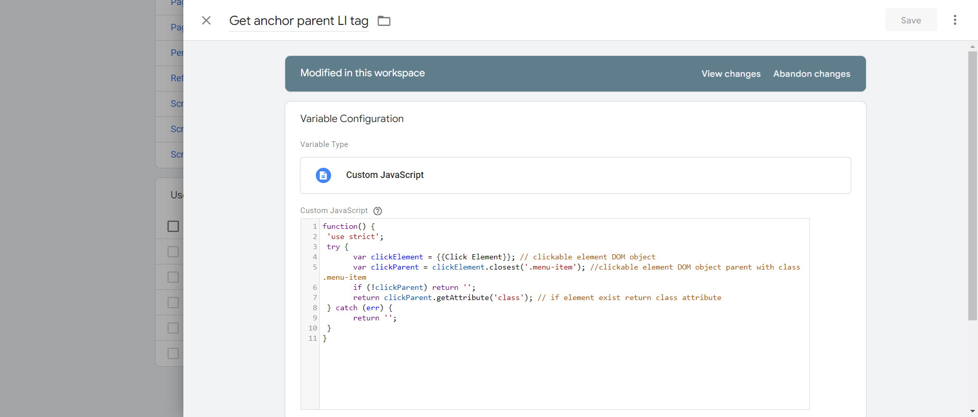 Custom JavaScript variable which returns class name of parent tag