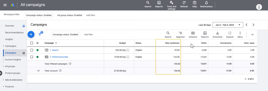 Columna de nuevos clientes en la interfaz de Google Ads.