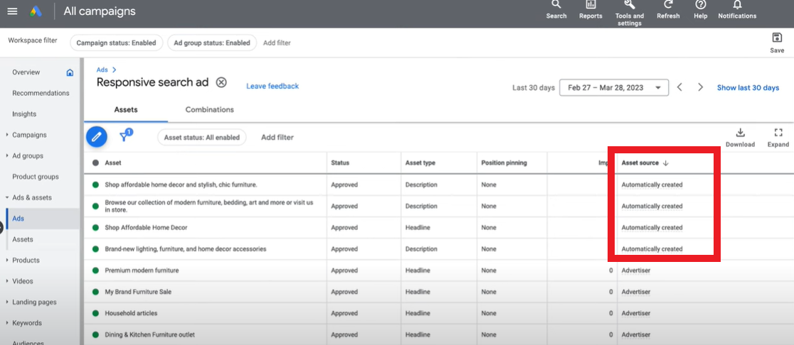 Find automatically created asset reporting with regular responsive search ad reporting.