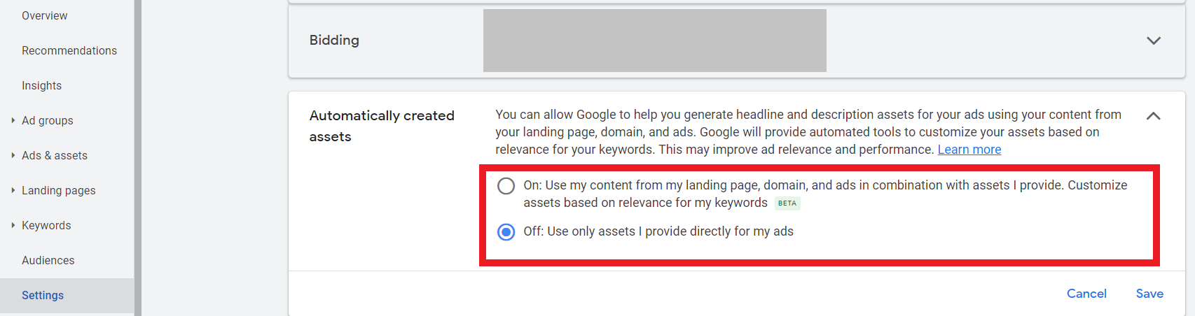 automated asset settings 6476ba6067946 sej - Google Ads Tutorial: Using Automatically Created Assets For Ad Creation