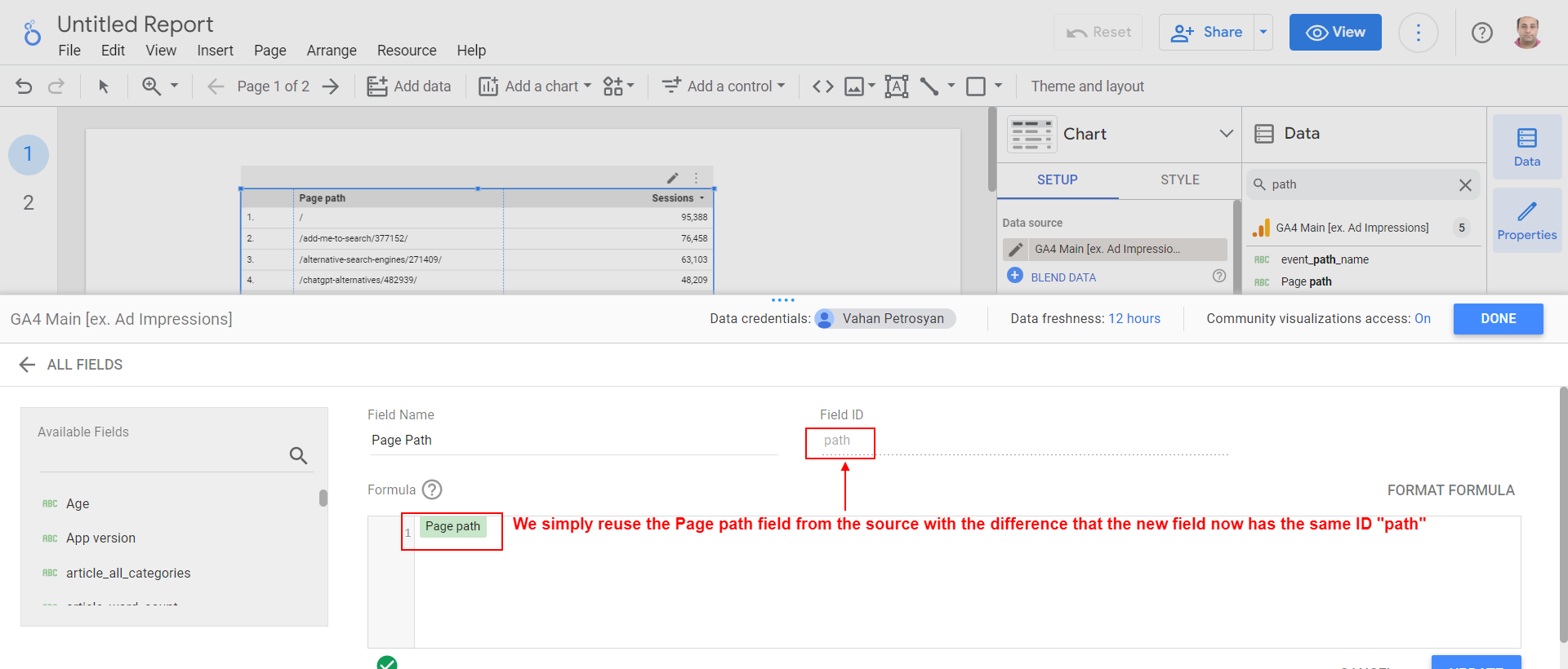 Page path new field in GA4 source