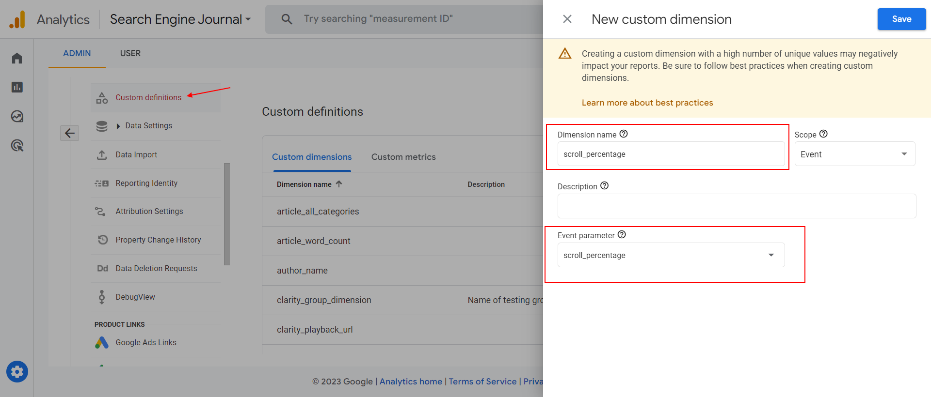 scroll_percentage custom dimension