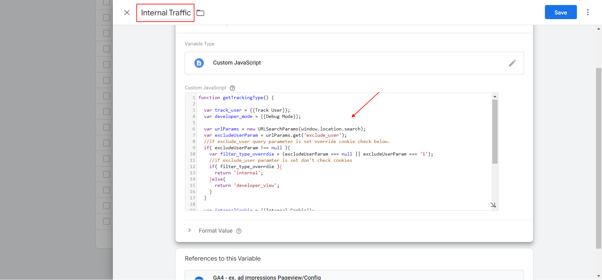 GTM JavaScript वेरिएबल जहां हम traffic_type पैरामीटर मान सेट करते हैं