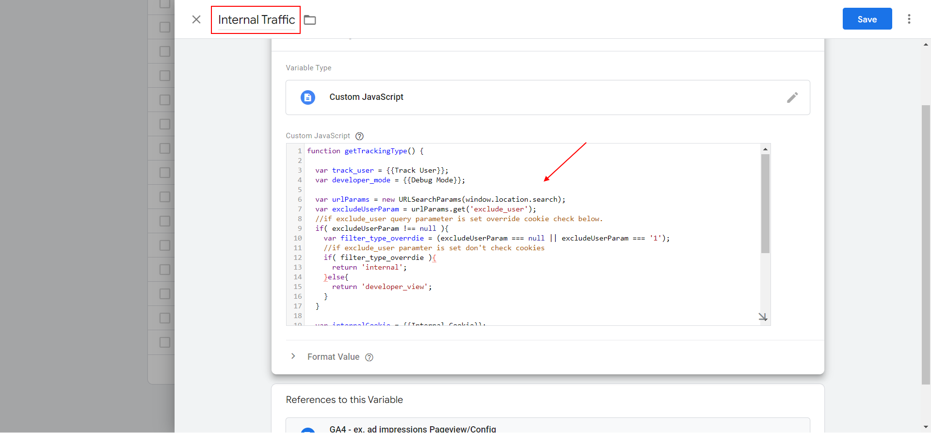 Variable GTM JavaScript donde establecemos el valor del parámetro traffic_type