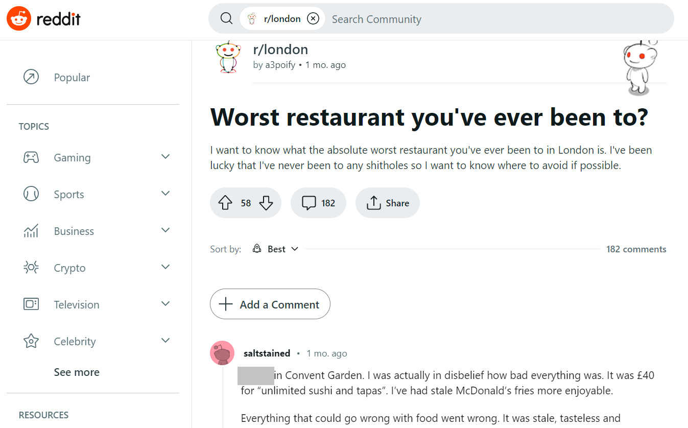 Скриншот лондонского сабреддита
