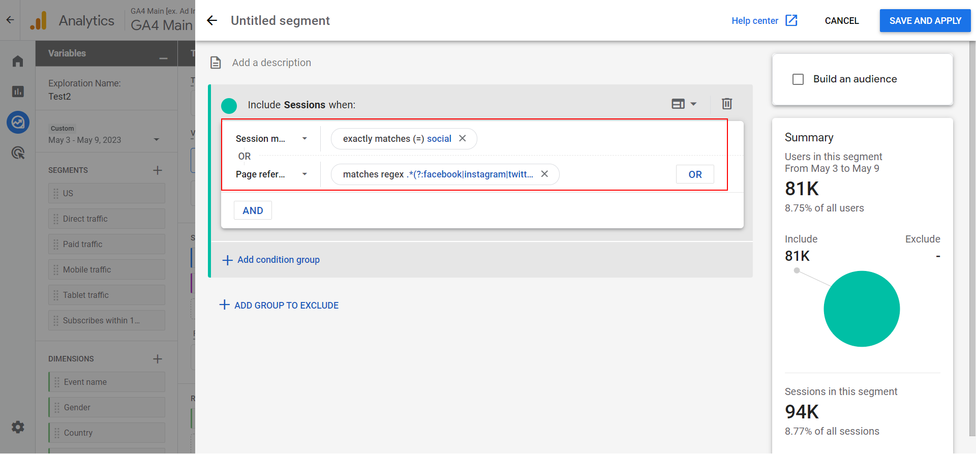 Sessions segment of social traffic