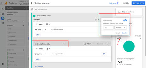 Add directly followed by page_view and set time constraints of 10 minutes