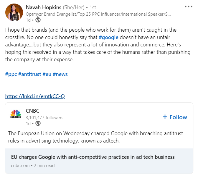 eu ruling navah hopkins comment 648b42ecdd3c3 sej - Google Ordered To Sell Off Part Of Ad-Tech In EU Ruling