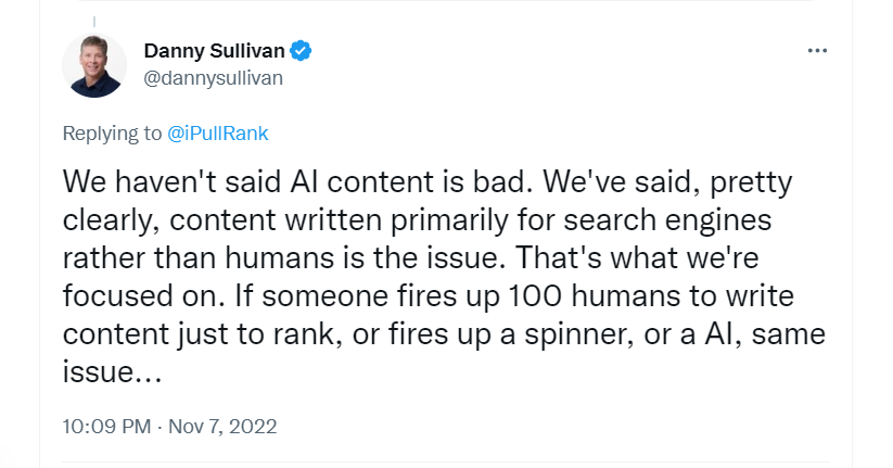 Screenshot of Danny Sullivan's tweet.