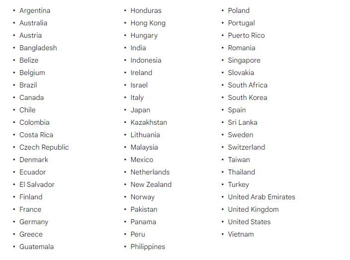 Una lista de países aptos para los recursos de formulario de clientes potenciales de Google Ads.