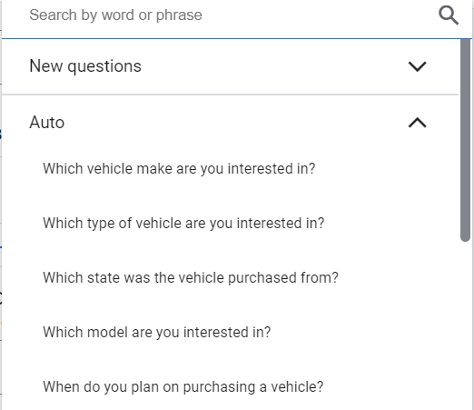 Elija entre las preguntas de calificación en la creación de formularios para clientes potenciales de Google Ads.