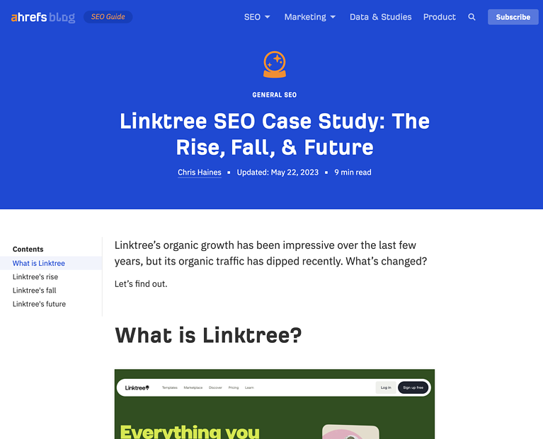 SEO-кейс linktree от ahrefs