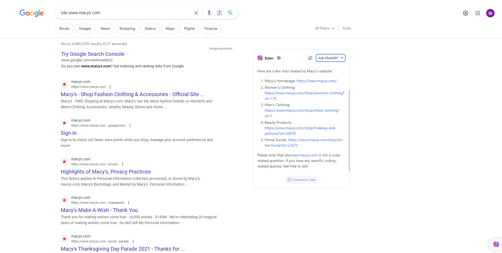 Screenshot from search for [site: macys.com], Google, June 2023