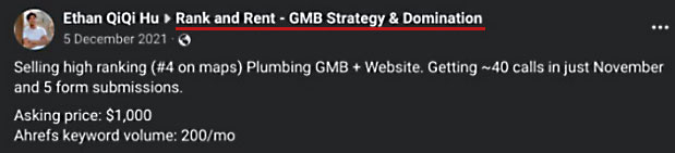 Screenshot of a post from rank and rent facebook group that was included in the Google lawsuit, showing the defendant selling a Google Business Profile and associated website