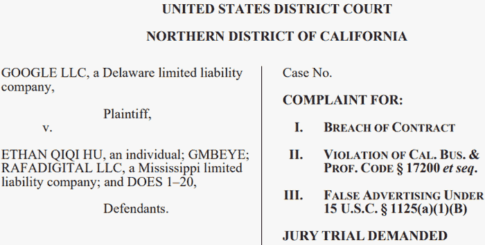 Screenshot of Google's Lawsuit