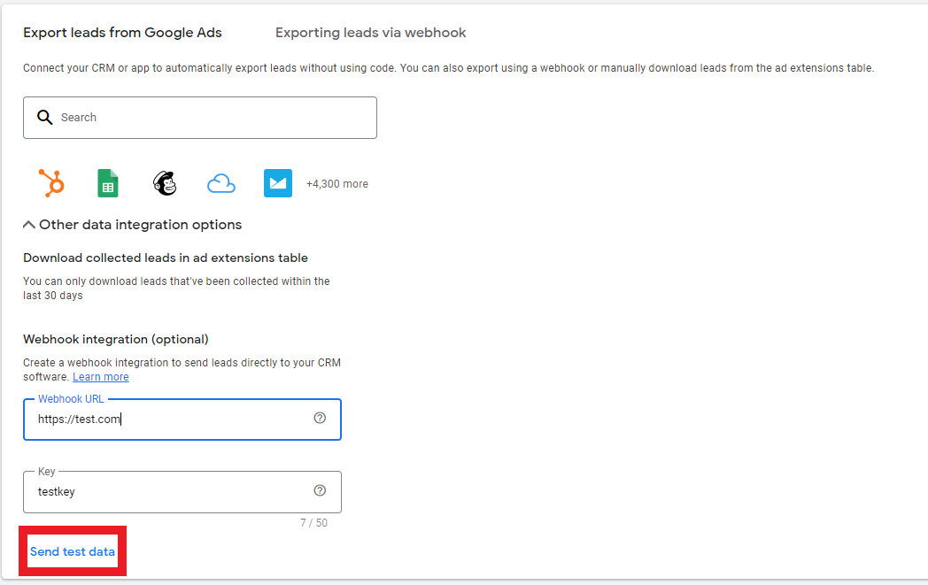 Test lead form webhook integration in Google Ads.