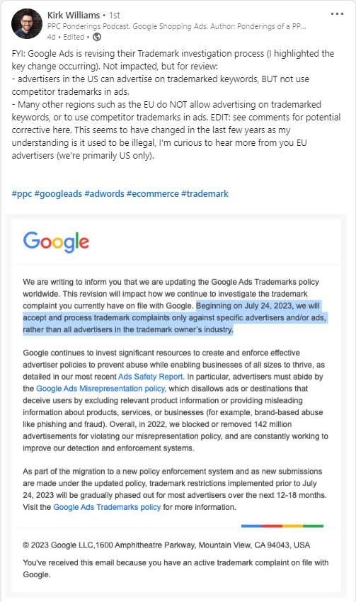 کرک ویلیامز جزئیات مربوط به به‌روزرسانی خط‌مشی علامت تجاری Google Ads را ارائه می‌کند.