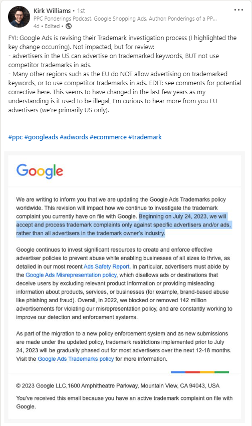 Kirk Williams fournit des détails sur la mise à jour de la politique relative aux marques Google Ads.