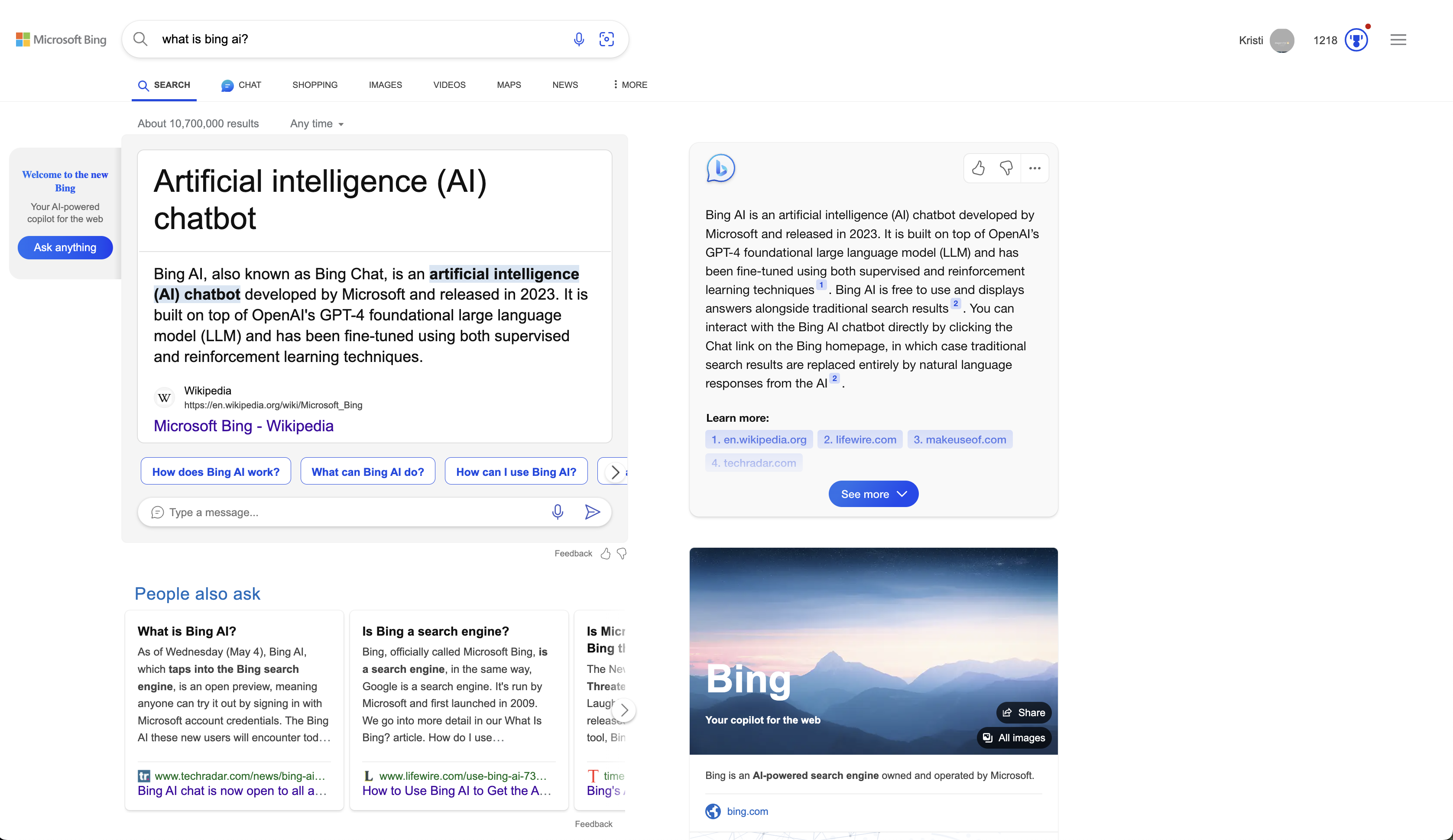 Bing AI Chat and Copilot are available for search in Google Chrome.