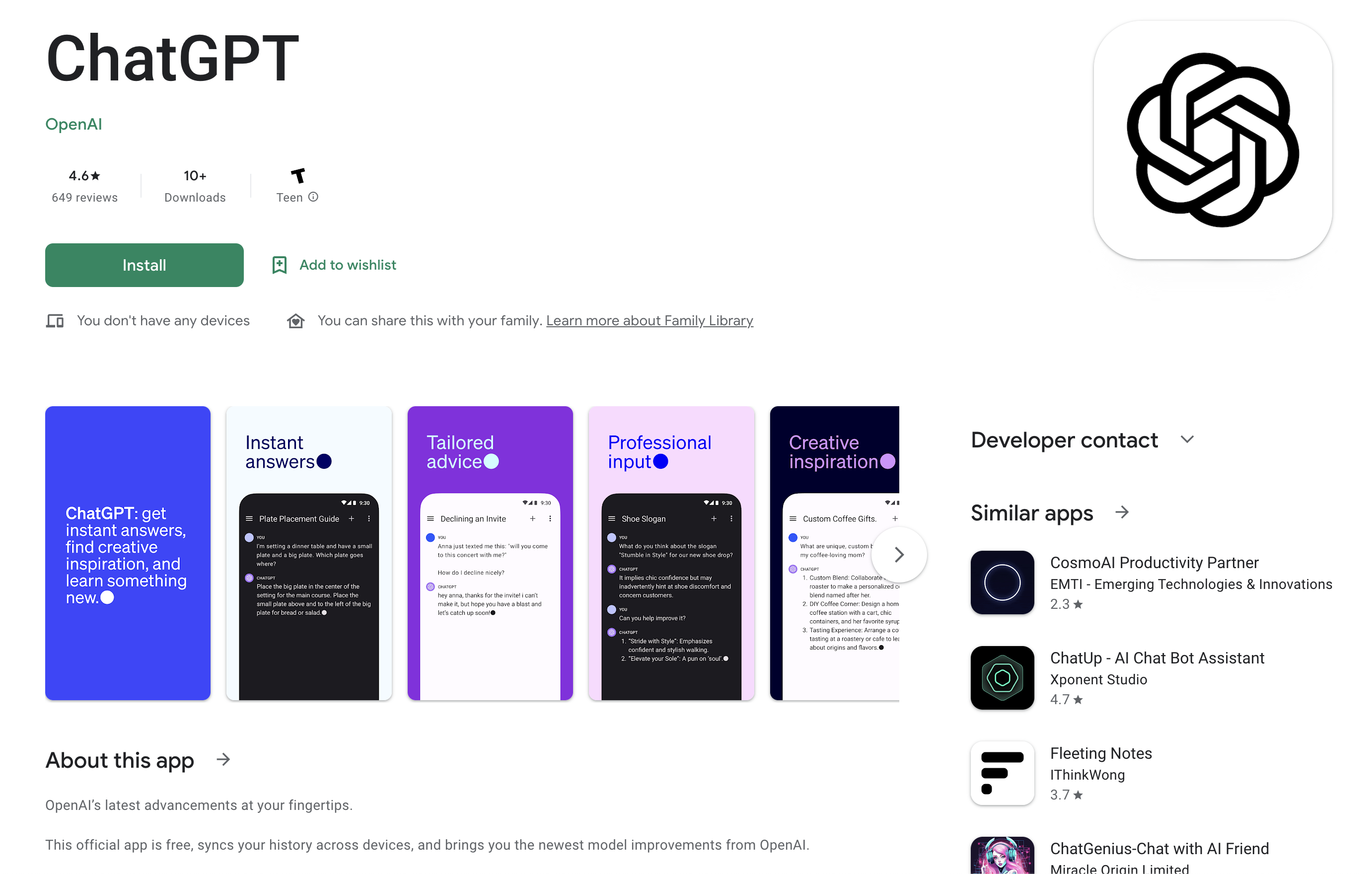 Aplicación ChatGPT para Android disponible en Google Play Store