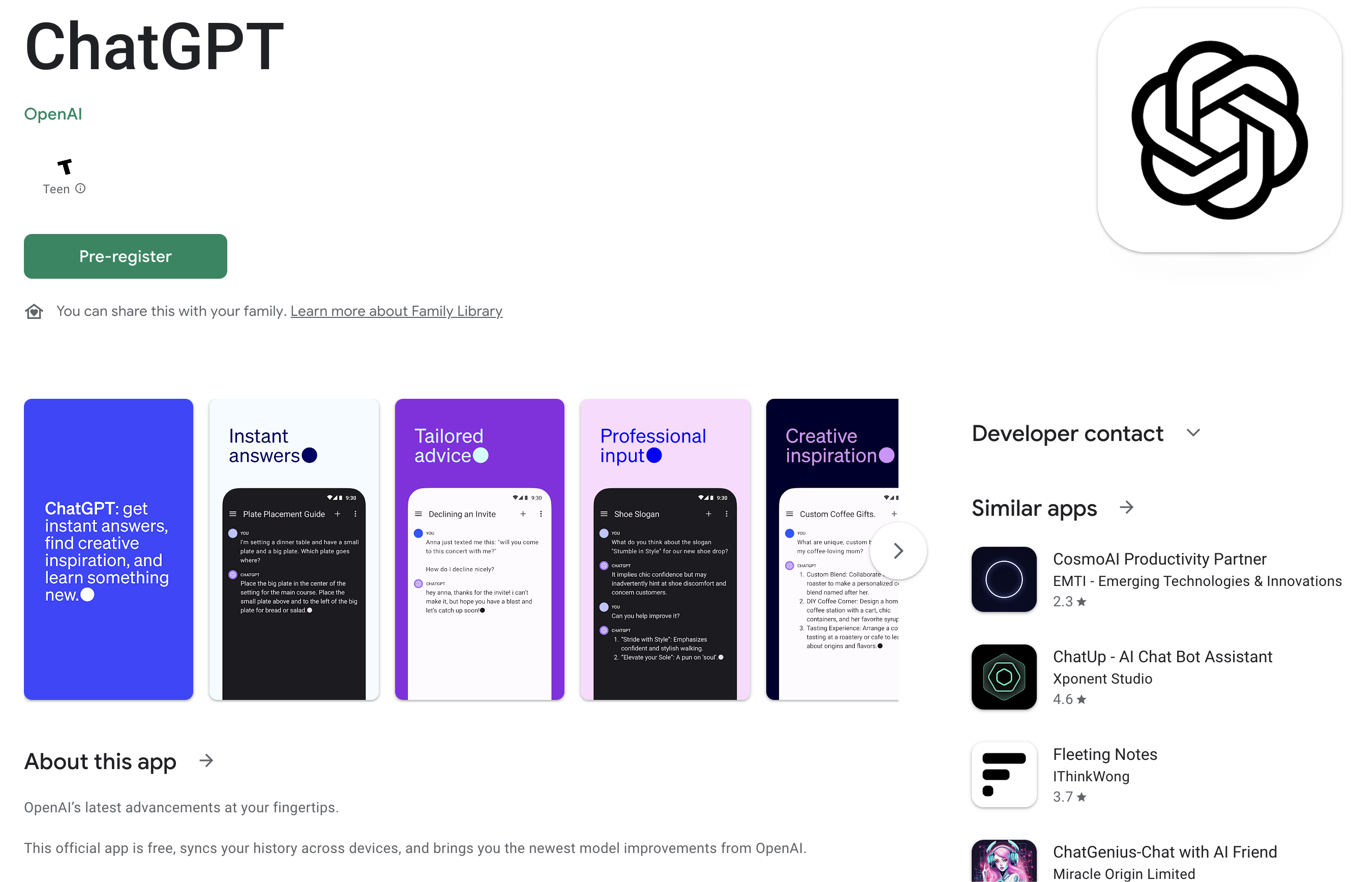 ChatGPT Android app is available for pre-registration on the Google Play Store