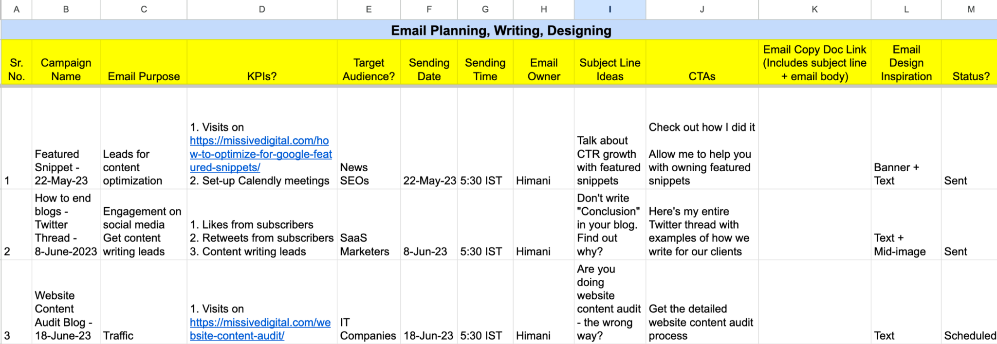 Email marketing calendar by Missive Digital
