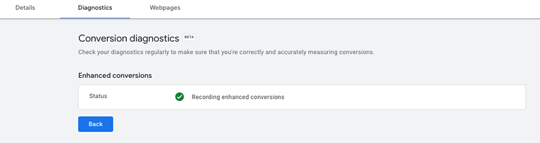 Enhanced Conversions diagnostic tool in Google Ads.