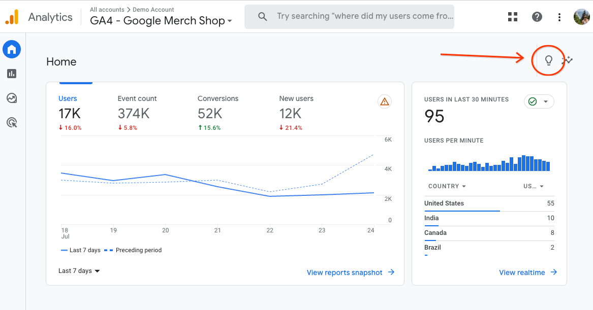 A new help panel will be available on most pages in GA4 by clicking the light bulb icon in the upper right corner.