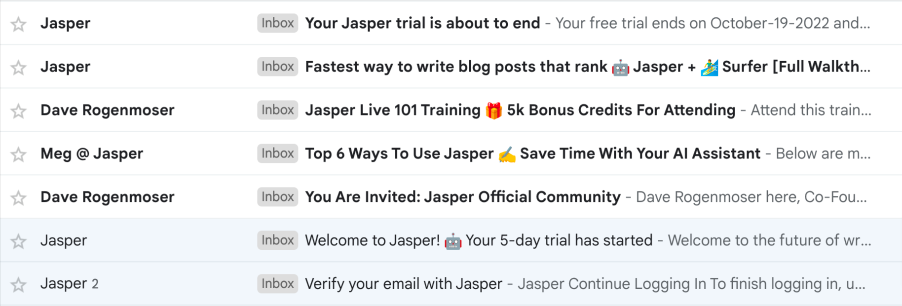 Example of email series for a free trial sign-up just like Jasper AI writing tool.