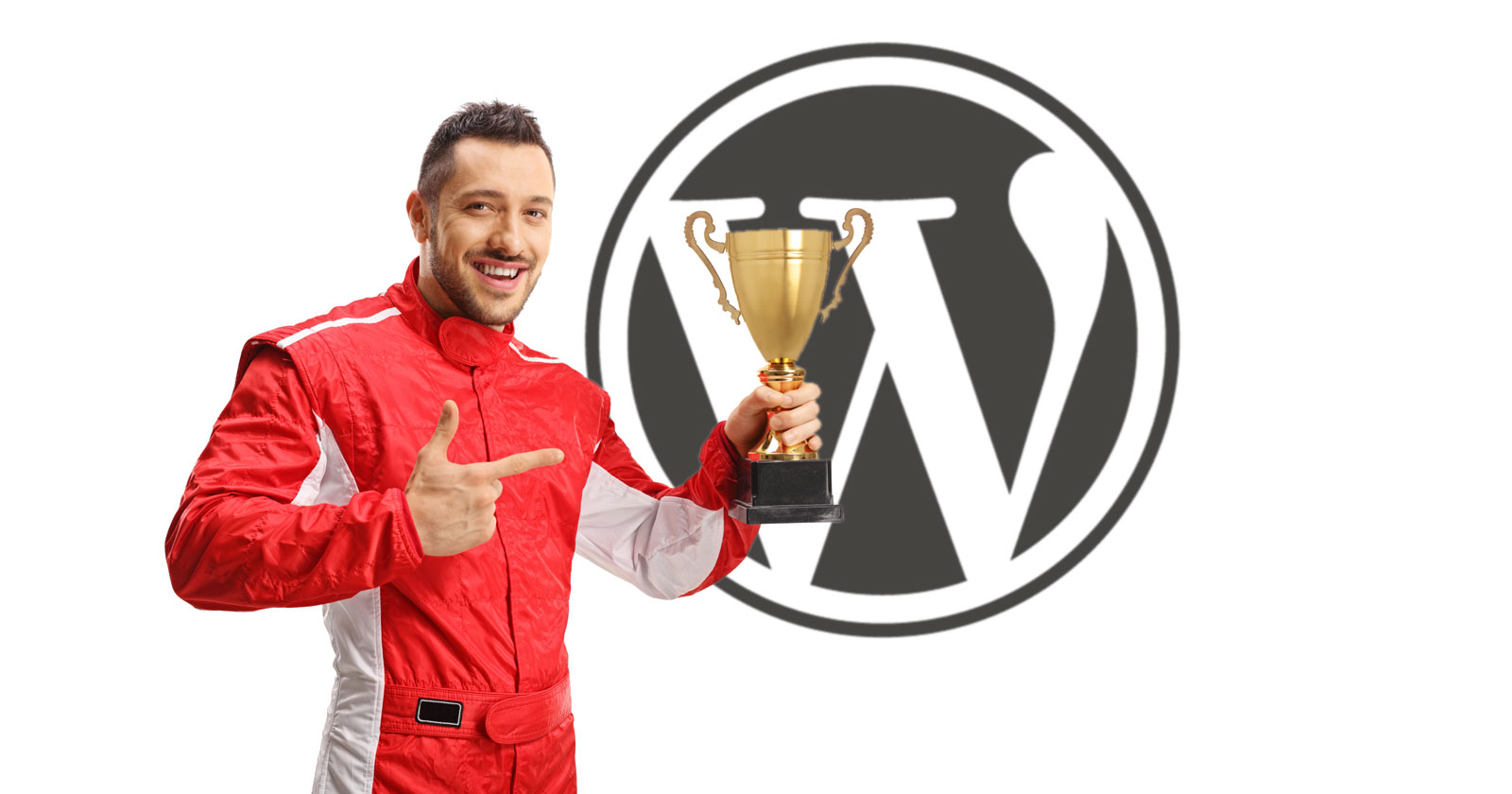 Image of a man with a trophy with WordPress logo behind him, signifying improved WordPress SEO performance