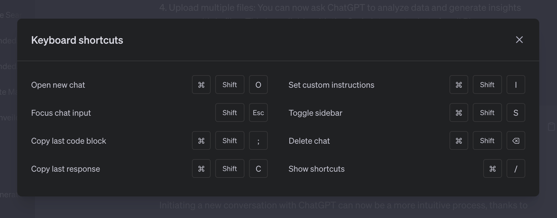 chatgpt keyboard shortcuts 64cbe1ecce00e sej - 6 New ChatGPT Features Include Prompt Examples & File Uploads