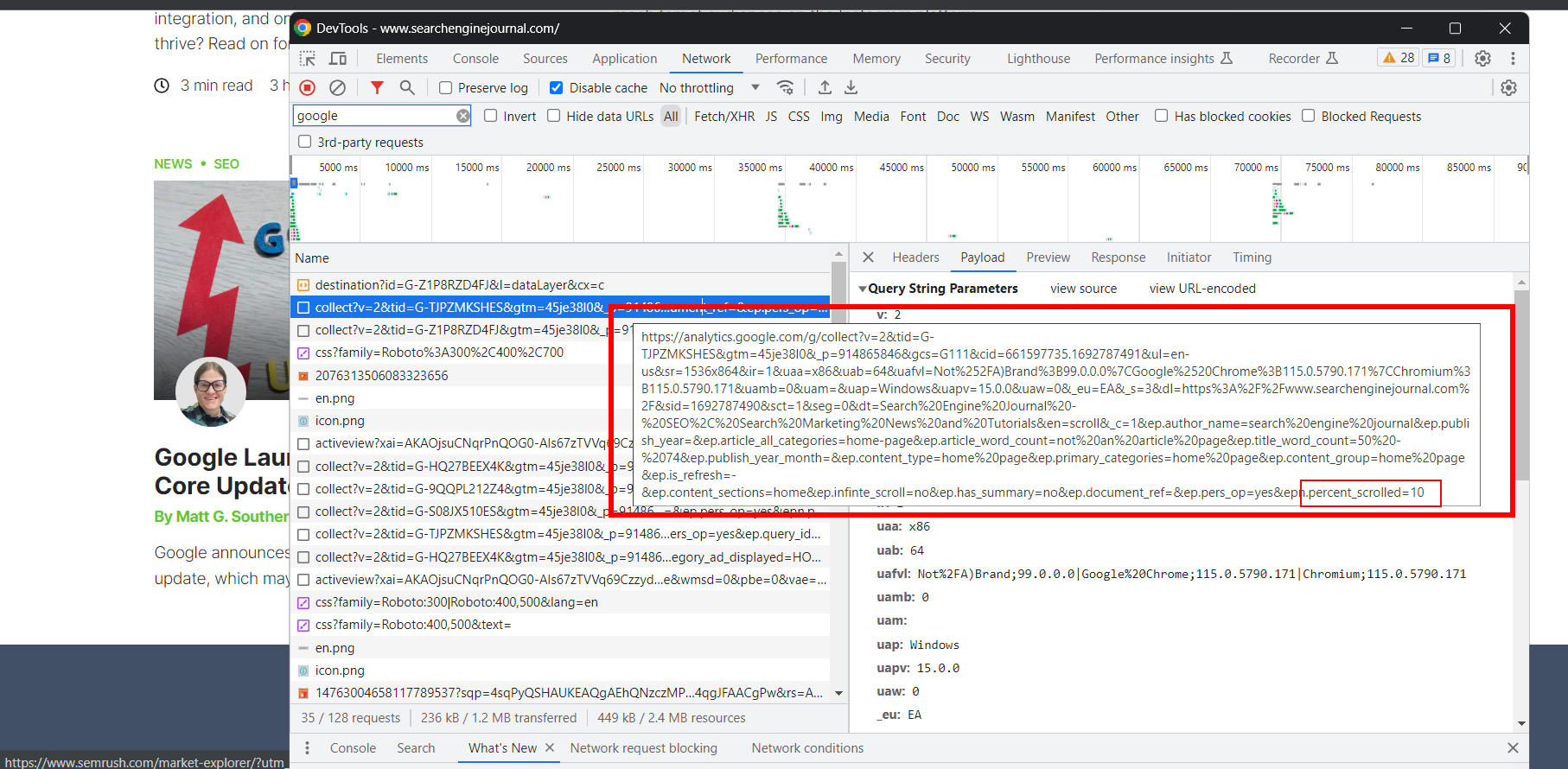 GA scroll depth tracking hit URL