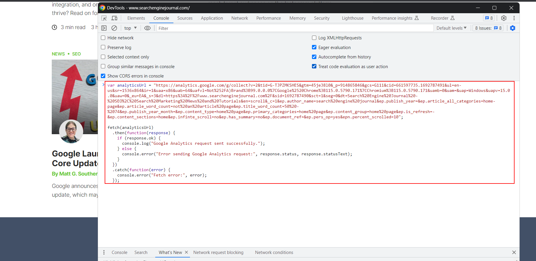 JS code in console of browser which makes a request to GA 