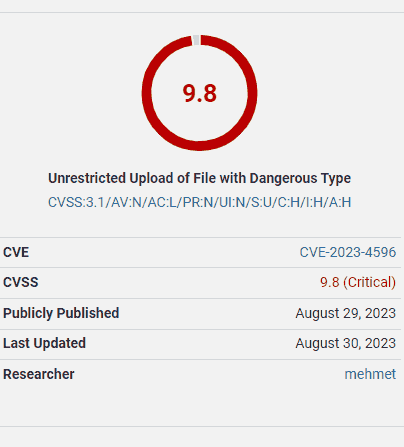 Imagen que muestra que la vulnerabilidad del complemento Forminator WordPress tiene una calificación de 9,8