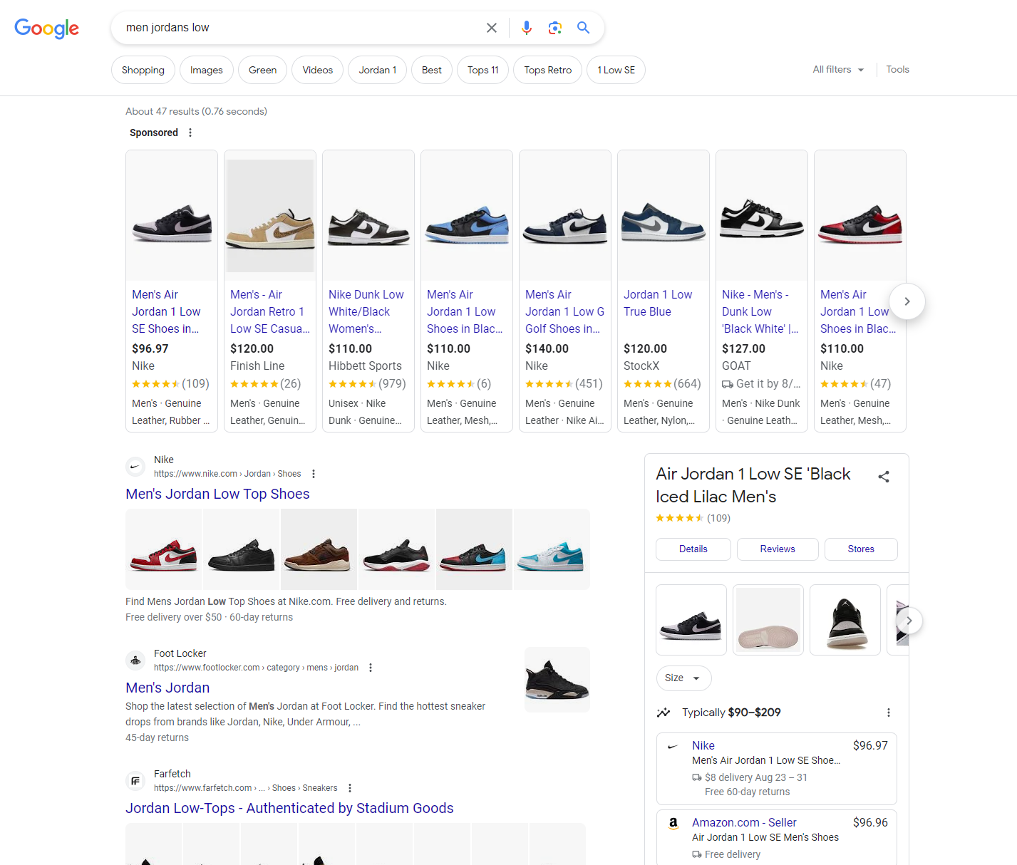  Búsqueda en Google de zapatillas jordan bajas para hombre.