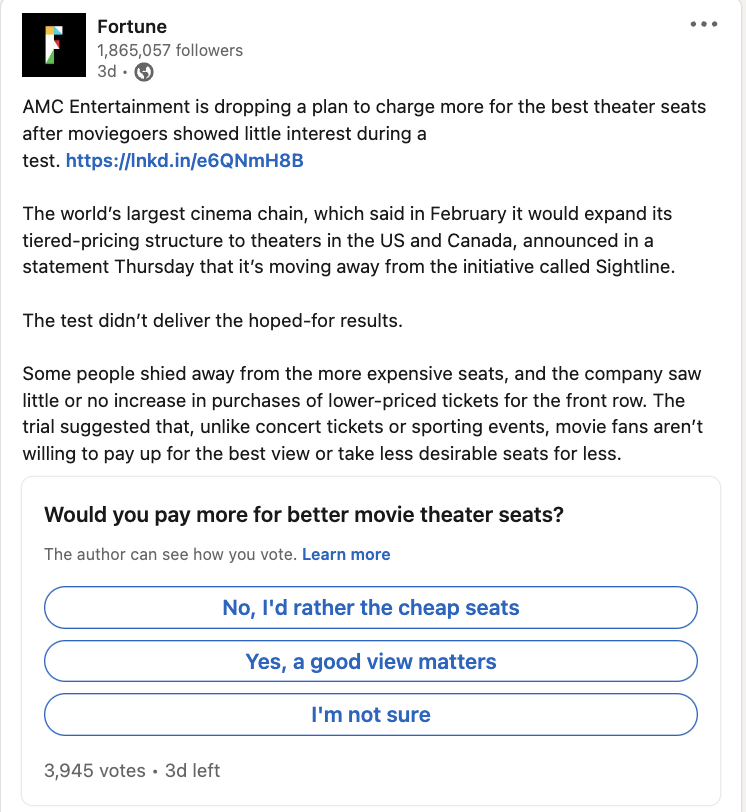 Screenshot of societal  media contented  posted by AMC Entertainment discussing a pricing inaugural  for amended  theatre  seats, with options for voting and existent   ballot  counts displayed.